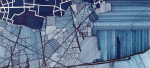 Image: Detail of a large-scale abstract gridded multi-panel blue ink on paper drawing by Derek Lerner.
