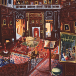 A small oil painting of a period interior with an ornate wood paneled room with many portraits hanging all over the walls.