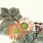Image Detail: Chinese watercolor painting of bright orange chrysanthemum flowers with green leaves.