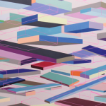 Image: colorful painting with dynamic rectangular shapes floating against a light pink/lavender background
