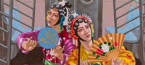 Two Asian opera performers dressed in colorful outfits appear in a 7 train subway car.